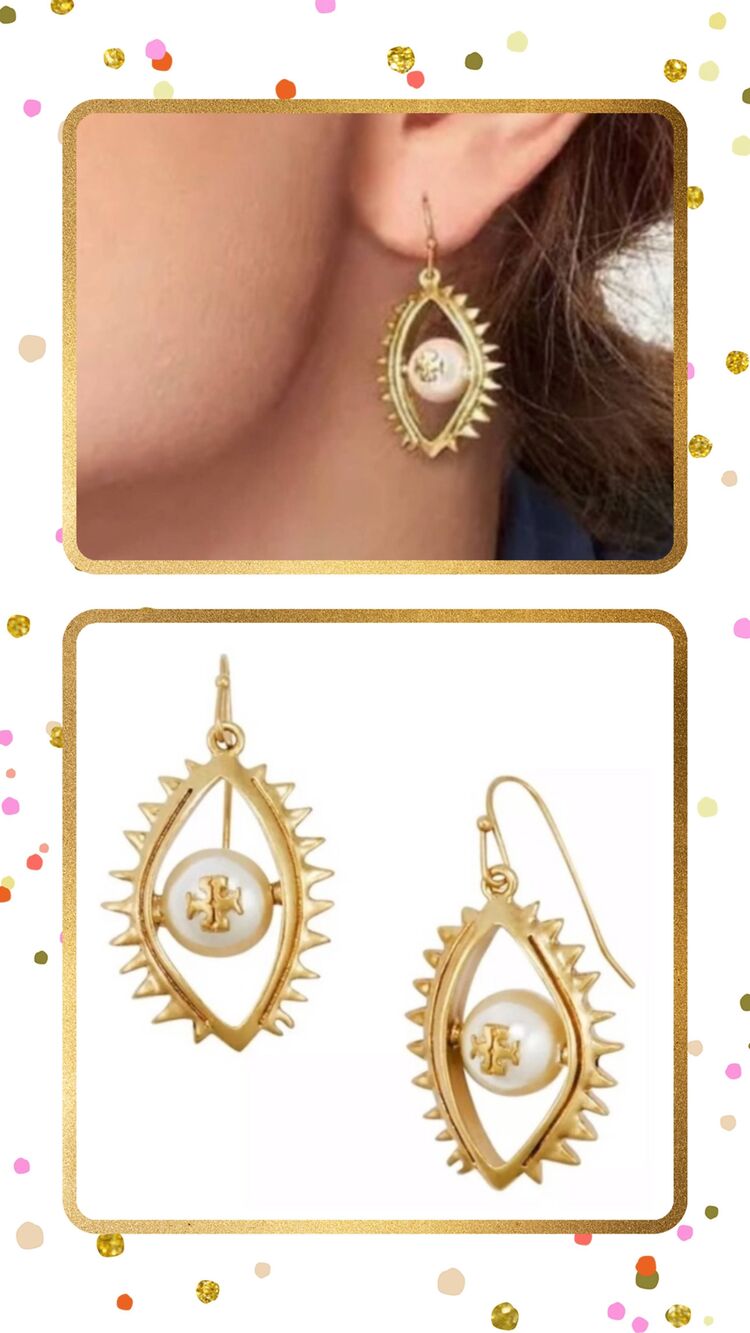 TORY BURCH Asymmetrical Gold Pearl Evil Eye Logo Drop Earrings